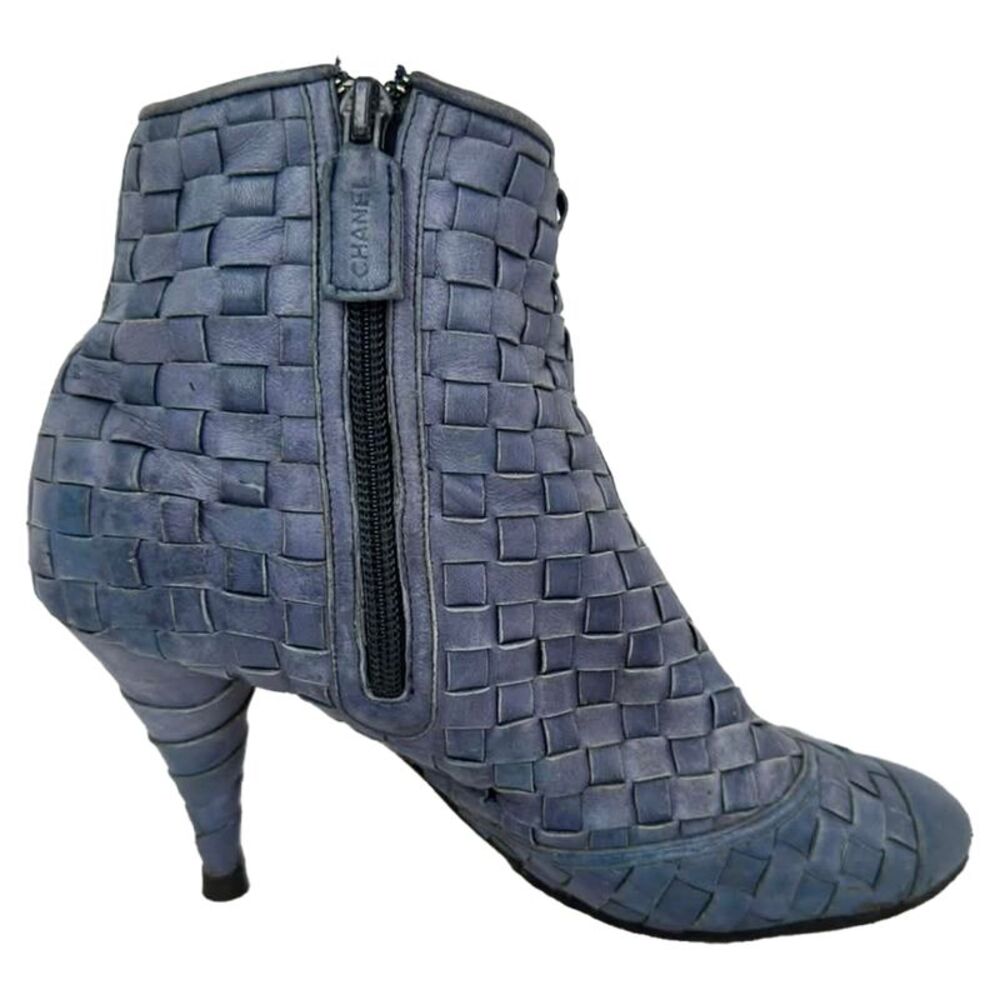 Chanel CC Woven Accent Ankle Boots in Blue Leather
